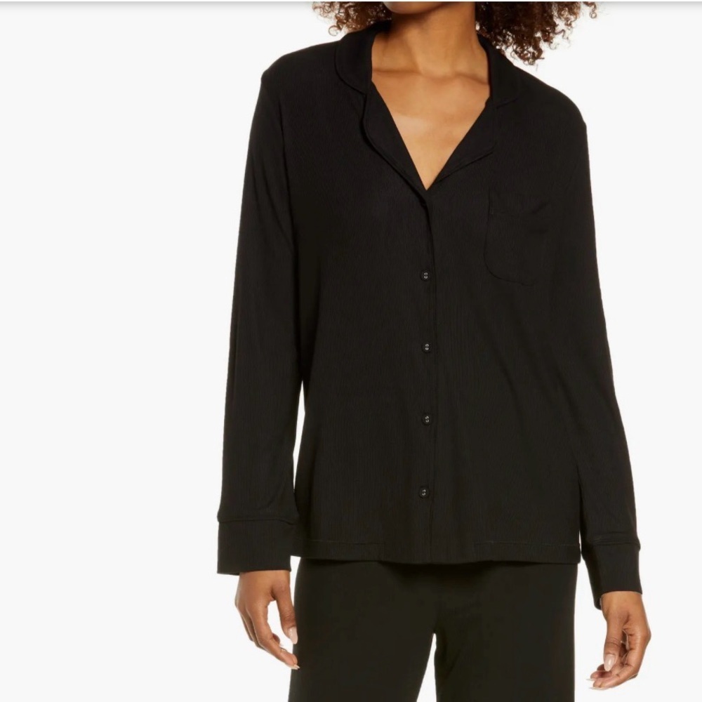 Skims Soft Lounge Ribbed Black Button-Up Long Sleeve Shirt Size XL - Picture 1 of 8